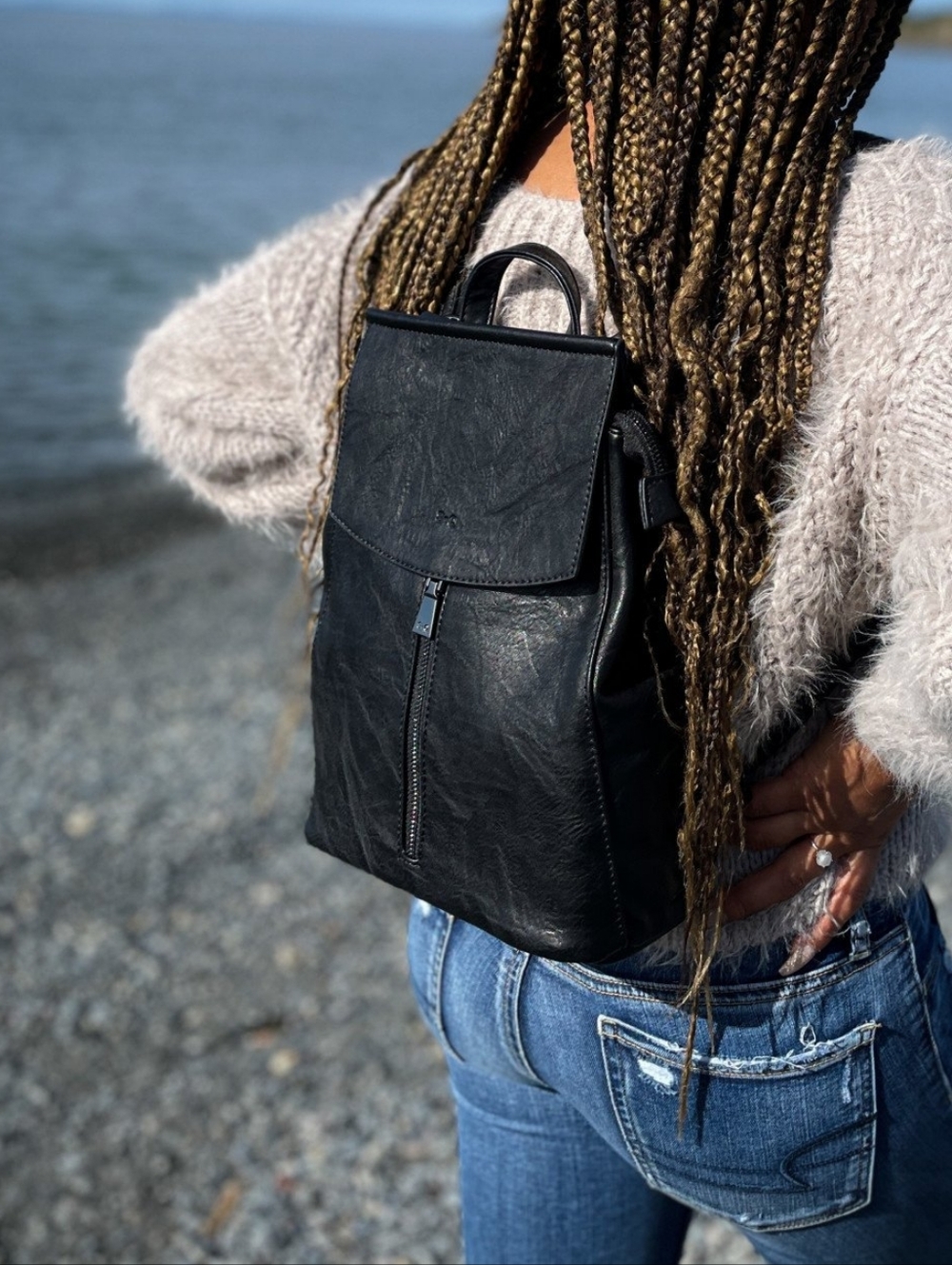 Black Leather Backpack Purse - Women